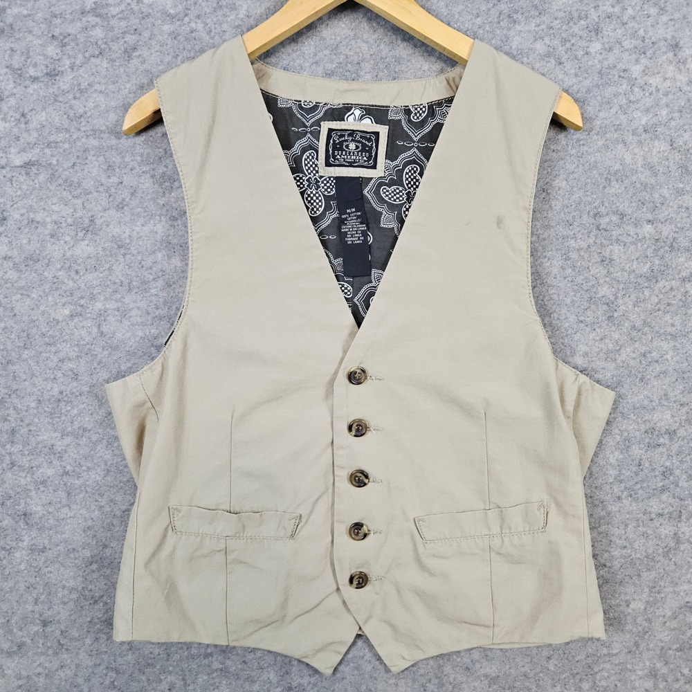 Lucky Brand Waistcoat Khaki‎ Tan Button Down Cotton Casual Vest Size M 38R SPOT
